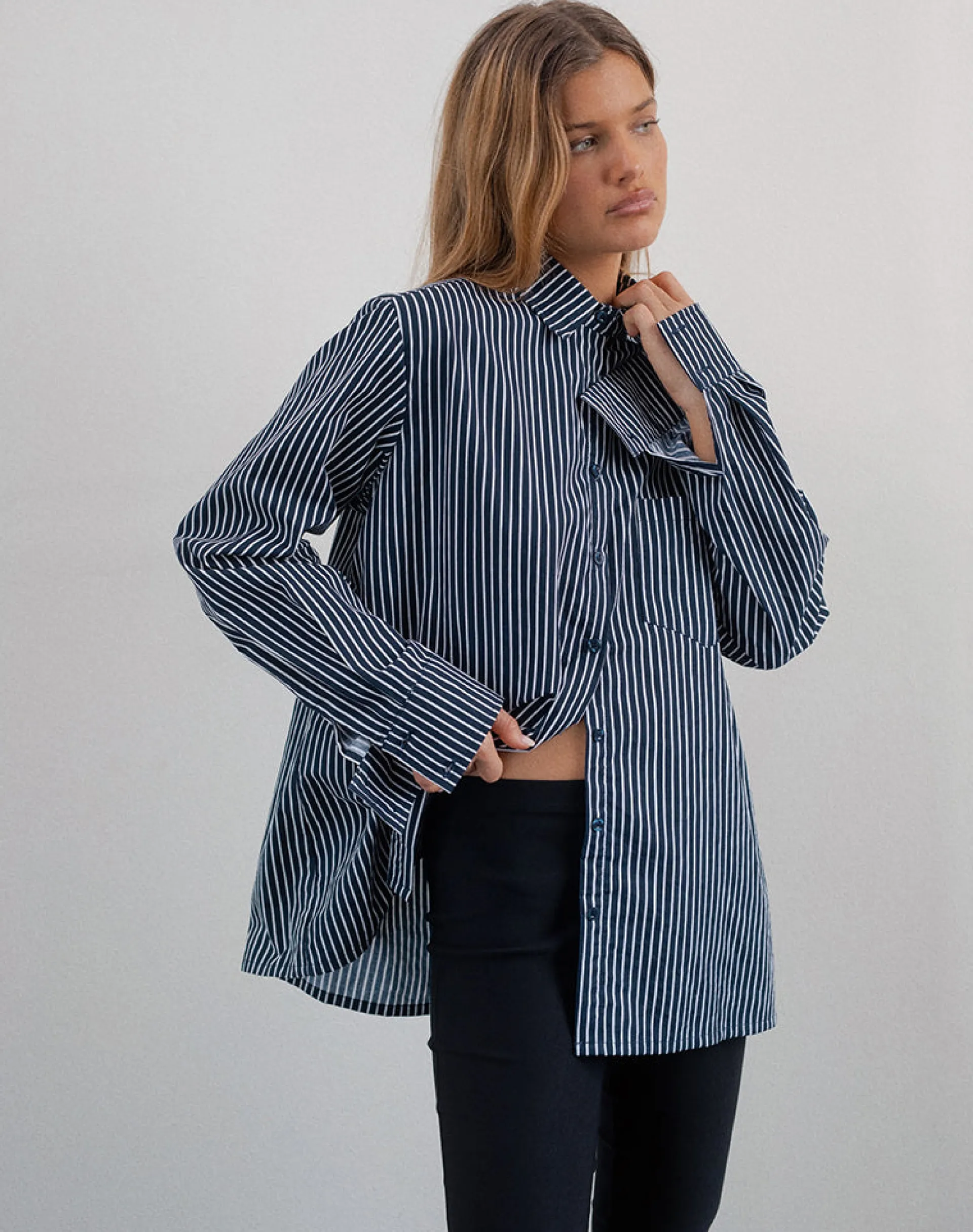 Motel Rocks Shirts And Blouses | Printed Tops-Turner Shirt in Mono Stripe Navy MonoStripeNavy