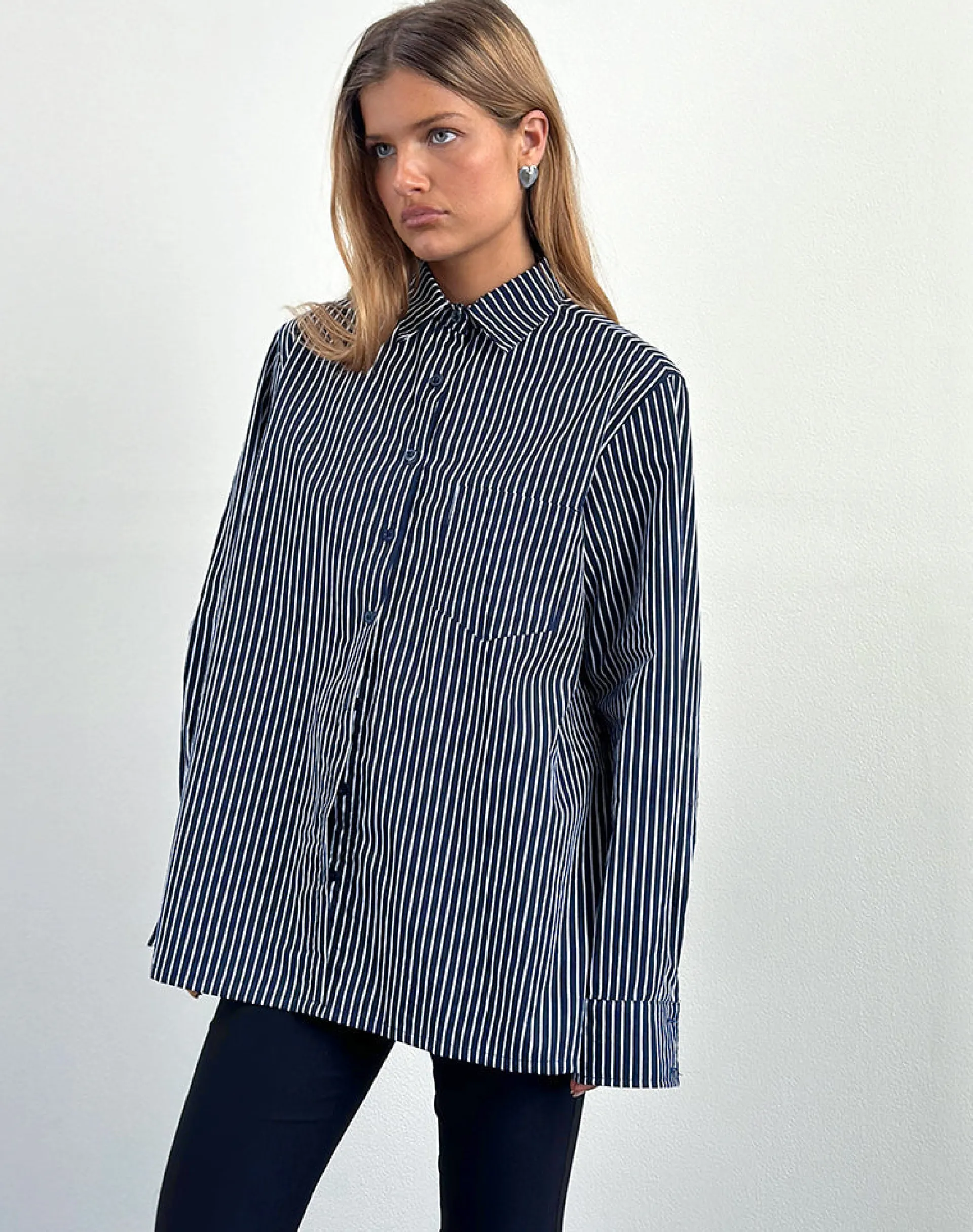 Motel Rocks Shirts And Blouses | Printed Tops-Turner Shirt in Mono Stripe Navy MonoStripeNavy
