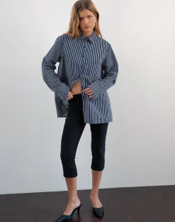 Motel Rocks Shirts And Blouses | Printed Tops-Turner Shirt in Mono Stripe Navy MonoStripeNavy