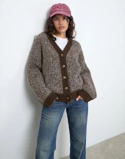 Motel Rocks Cardigans-Ura Oversized Knitted Cardigan in Brown and Cream