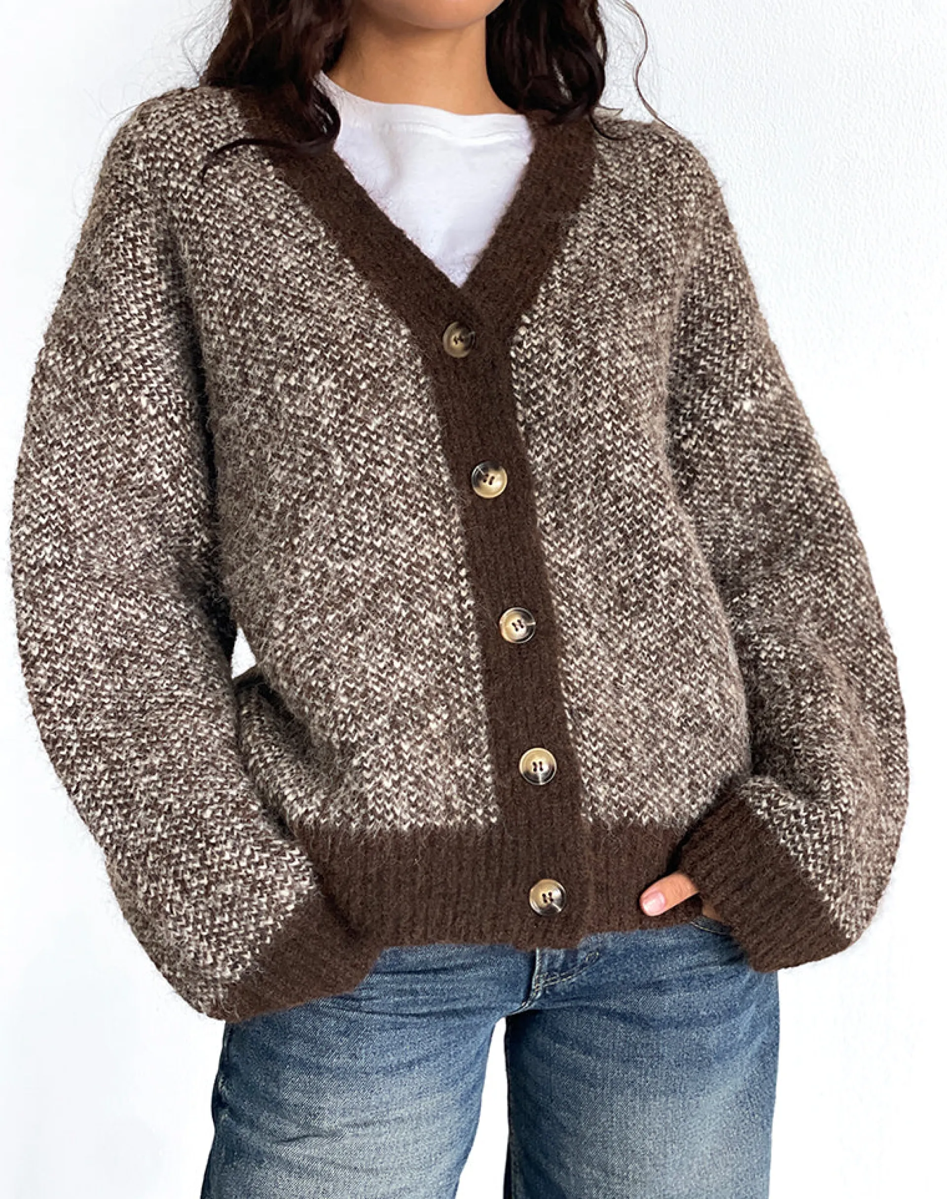 Motel Rocks Cardigans-Ura Oversized Knitted Cardigan in Brown and Cream