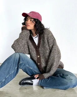 Motel Rocks Cardigans-Ura Oversized Knitted Cardigan in Brown and Cream