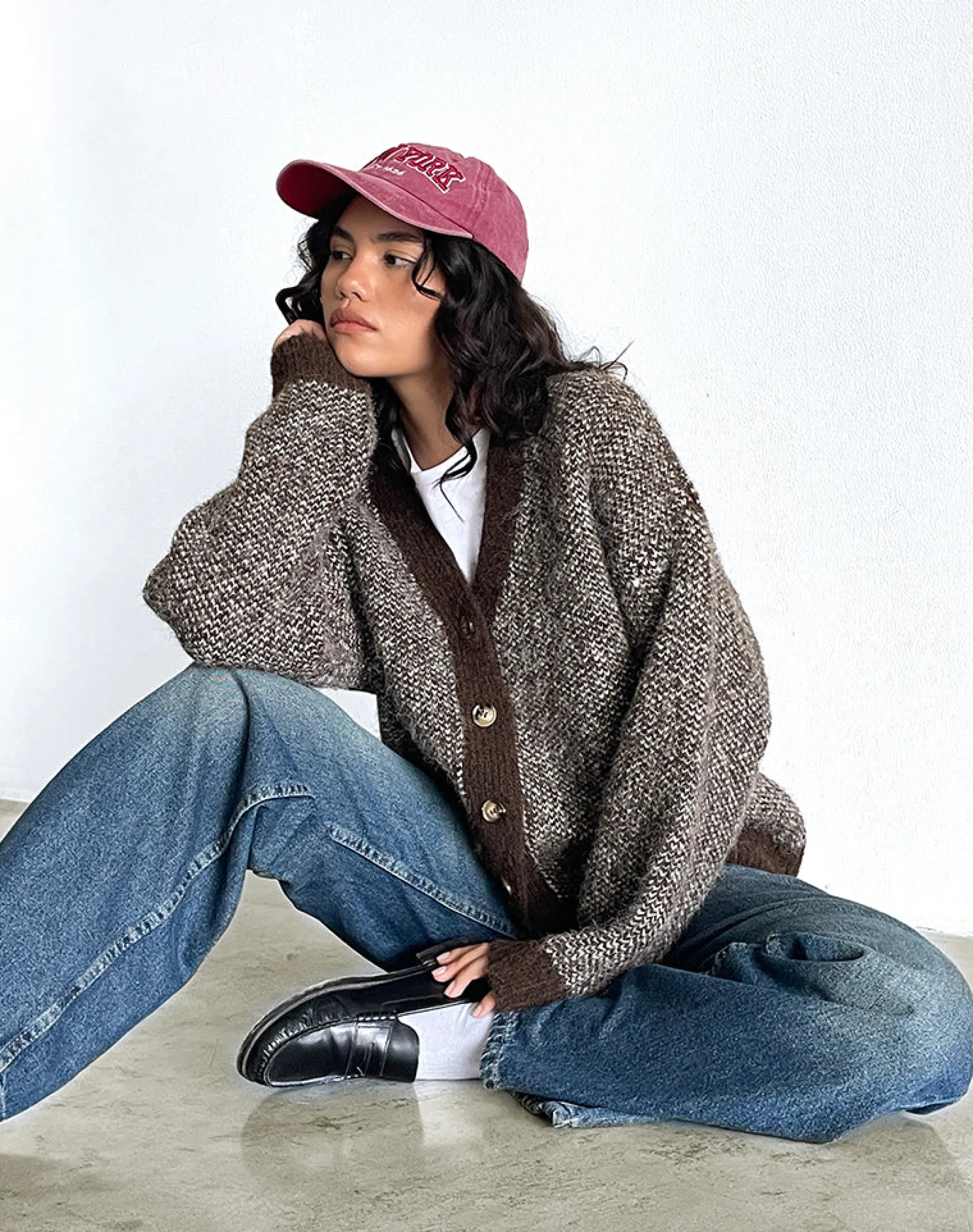 Motel Rocks Cardigans-Ura Oversized Knitted Cardigan in Brown and Cream