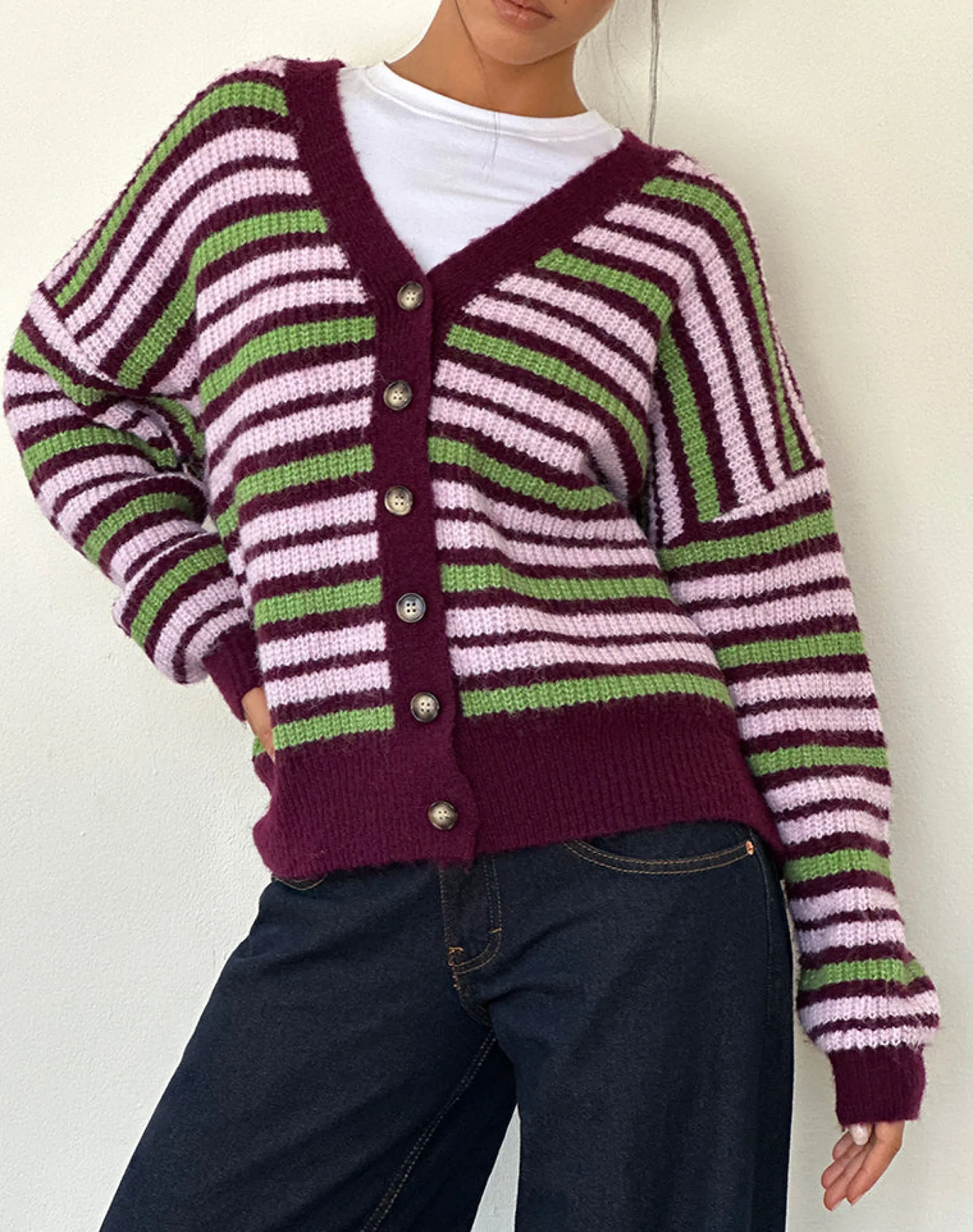 Motel Rocks Cardigans-Uriela Cardigan in Green Pink and Burgundy Stripes GreenPinkandBurgundyStripes