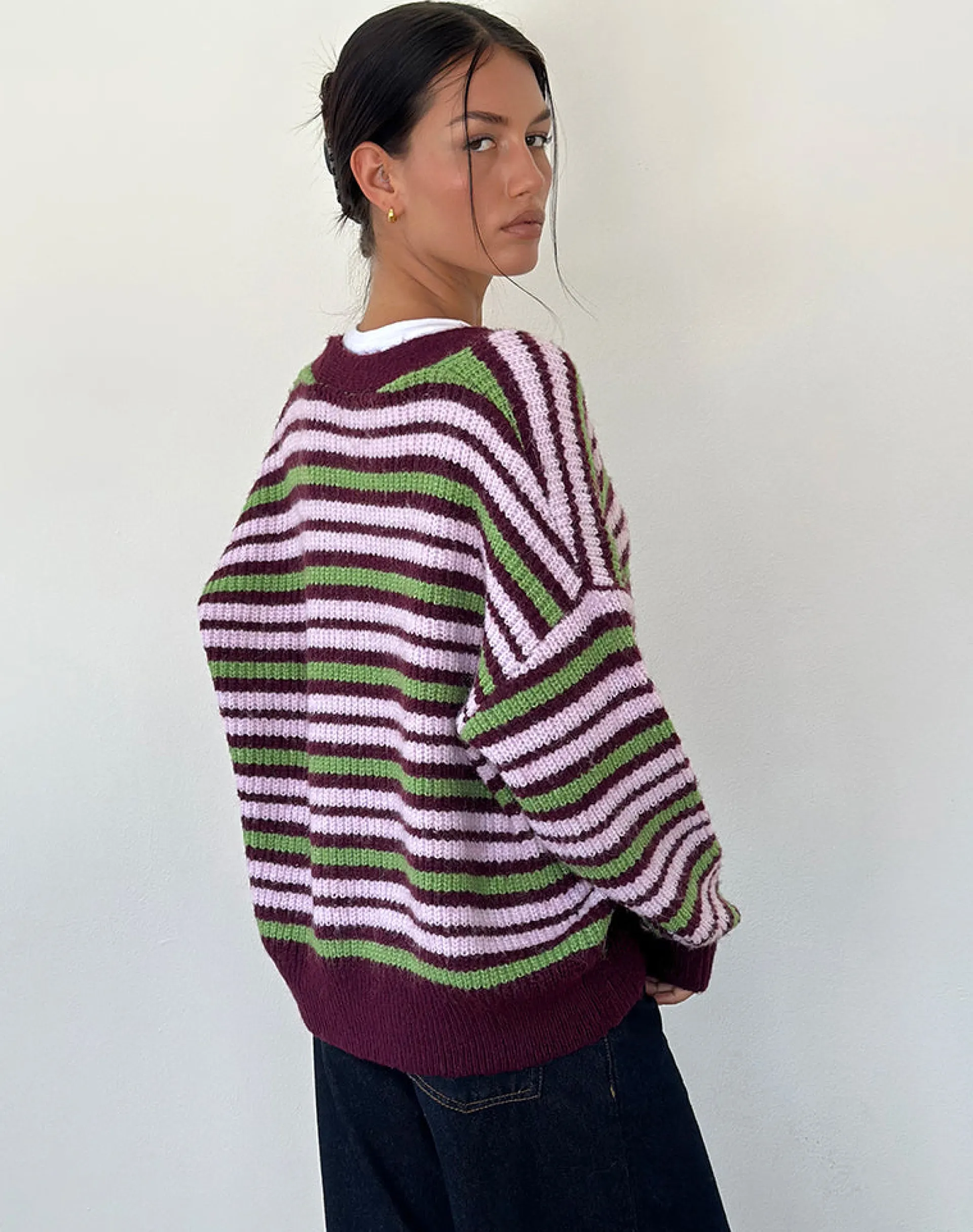 Motel Rocks Cardigans-Uriela Cardigan in Green Pink and Burgundy Stripes GreenPinkandBurgundyStripes