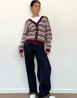 Motel Rocks Cardigans-Uriela Cardigan in Green Pink and Burgundy Stripes GreenPinkandBurgundyStripes