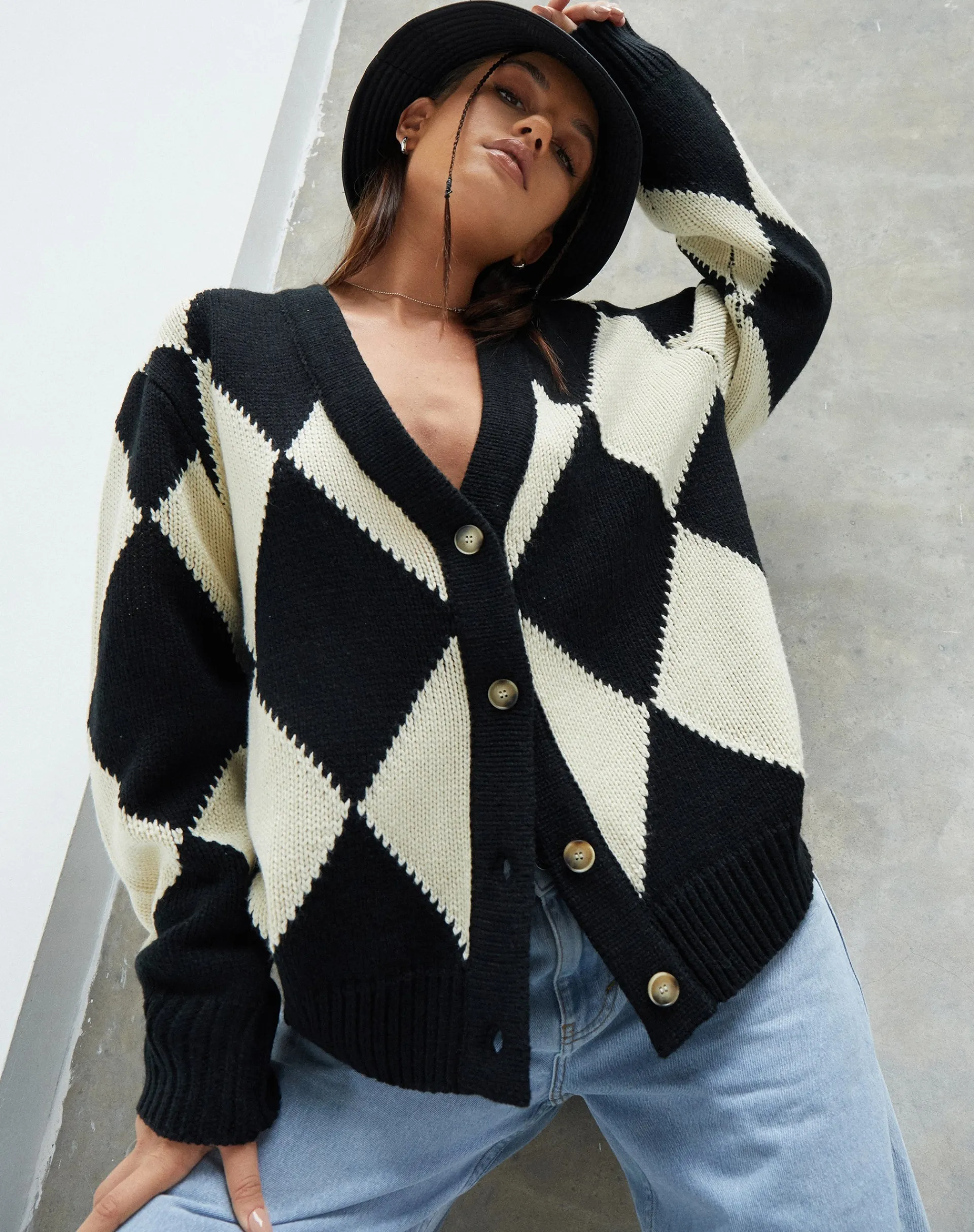 Motel Rocks Cardigans-Uriela Cardigan in Harlequin Black and Off White HarlequinBlackandOffWhite