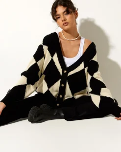 Motel Rocks Cardigans-Uriela Cardigan in Harlequin Black and Off White HarlequinBlackandOffWhite