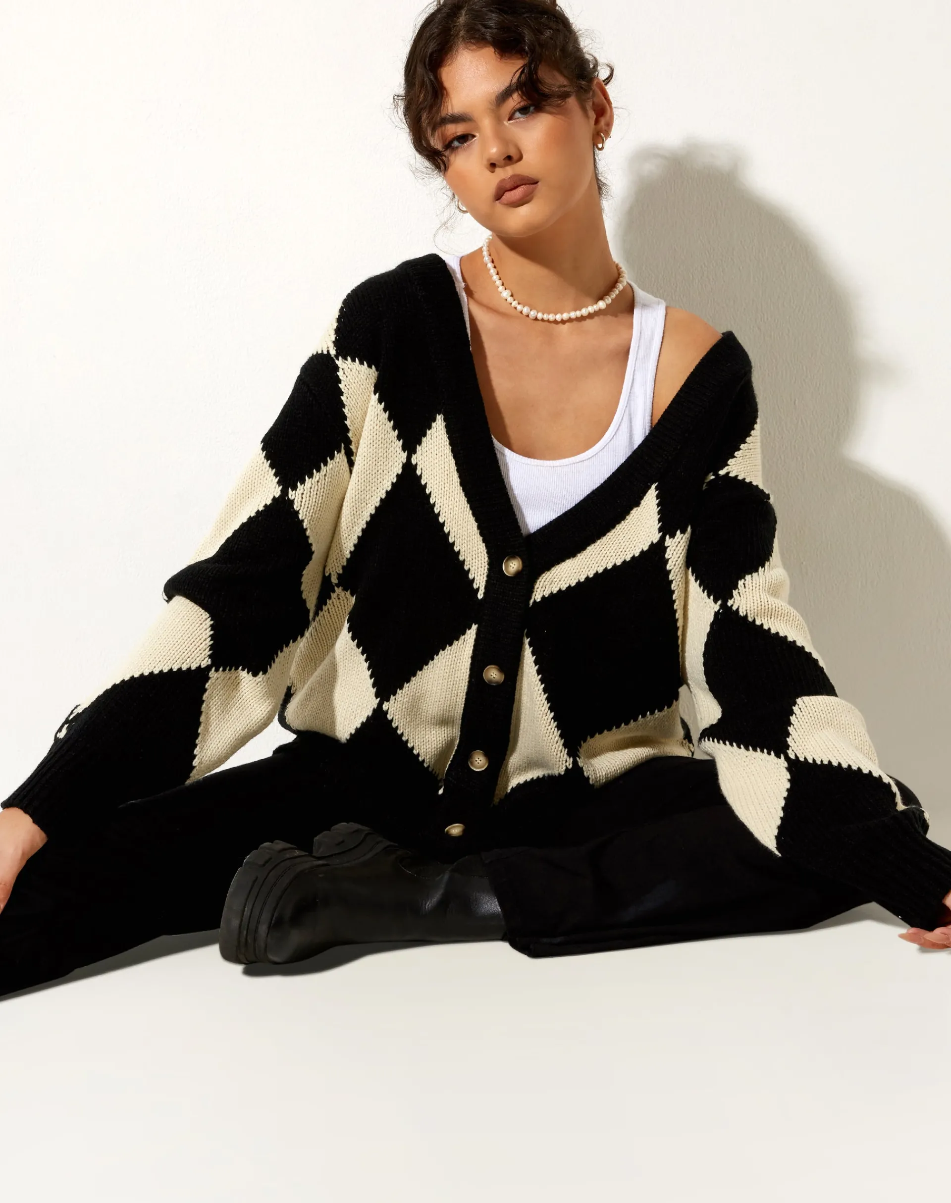 Motel Rocks Cardigans-Uriela Cardigan in Harlequin Black and Off White HarlequinBlackandOffWhite