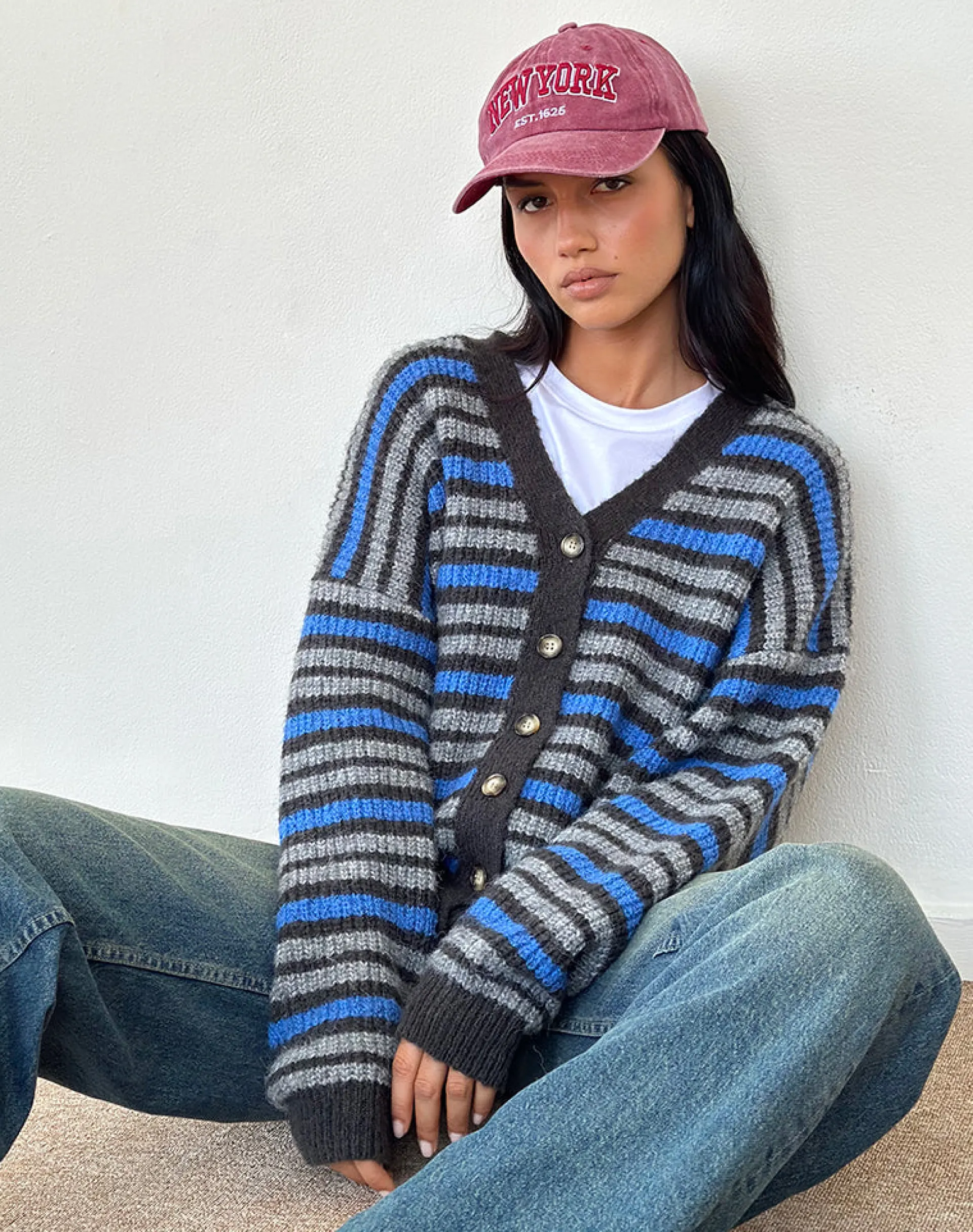 Motel Rocks Cardigans-Uriela Cardigan in Light Grey and Blue Grey Stripe LightGreyandBlueGreyStripe