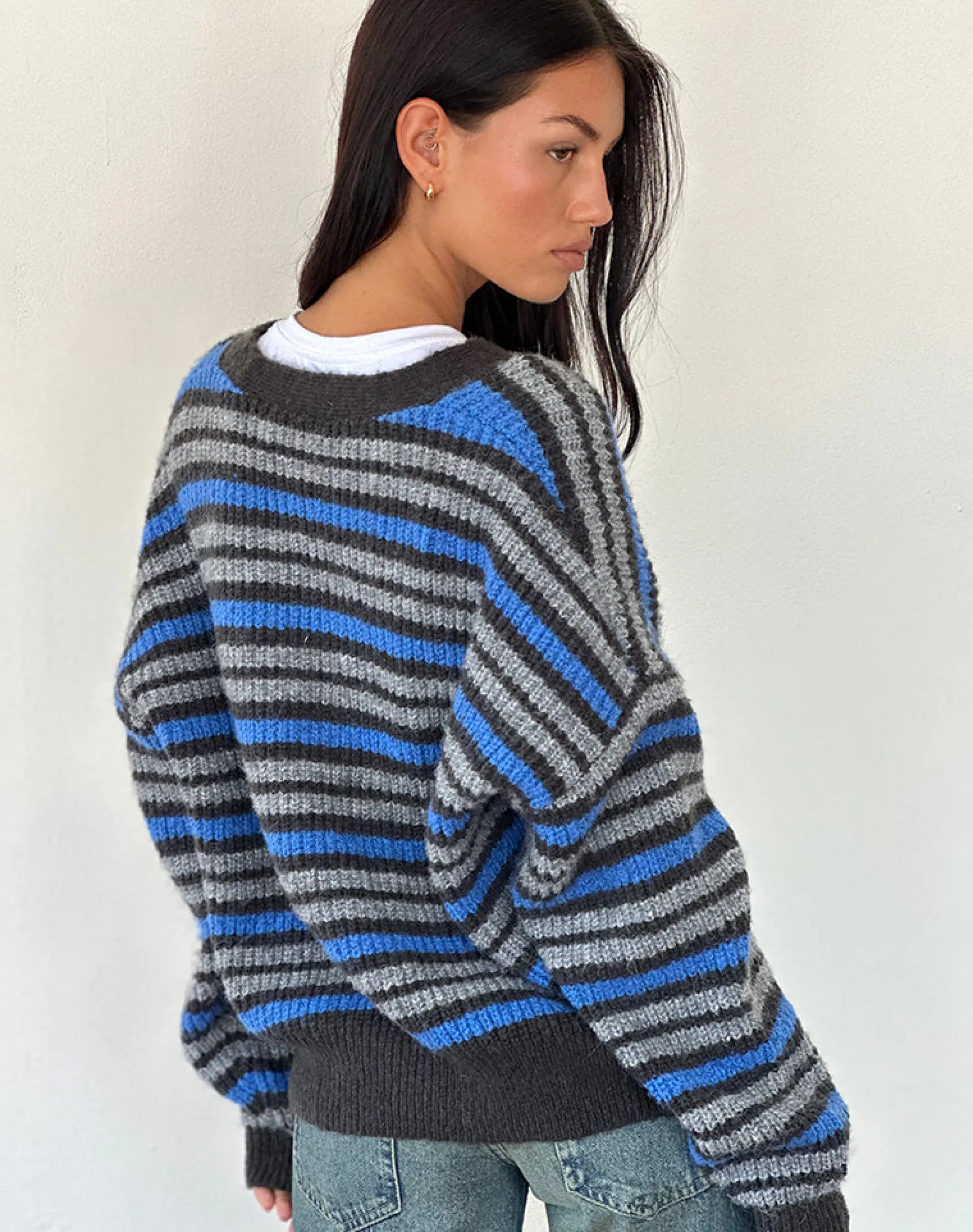 Motel Rocks Cardigans-Uriela Cardigan in Light Grey and Blue Grey Stripe LightGreyandBlueGreyStripe