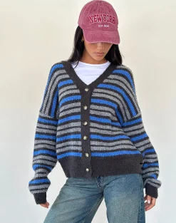 Motel Rocks Cardigans-Uriela Cardigan in Light Grey and Blue Grey Stripe LightGreyandBlueGreyStripe