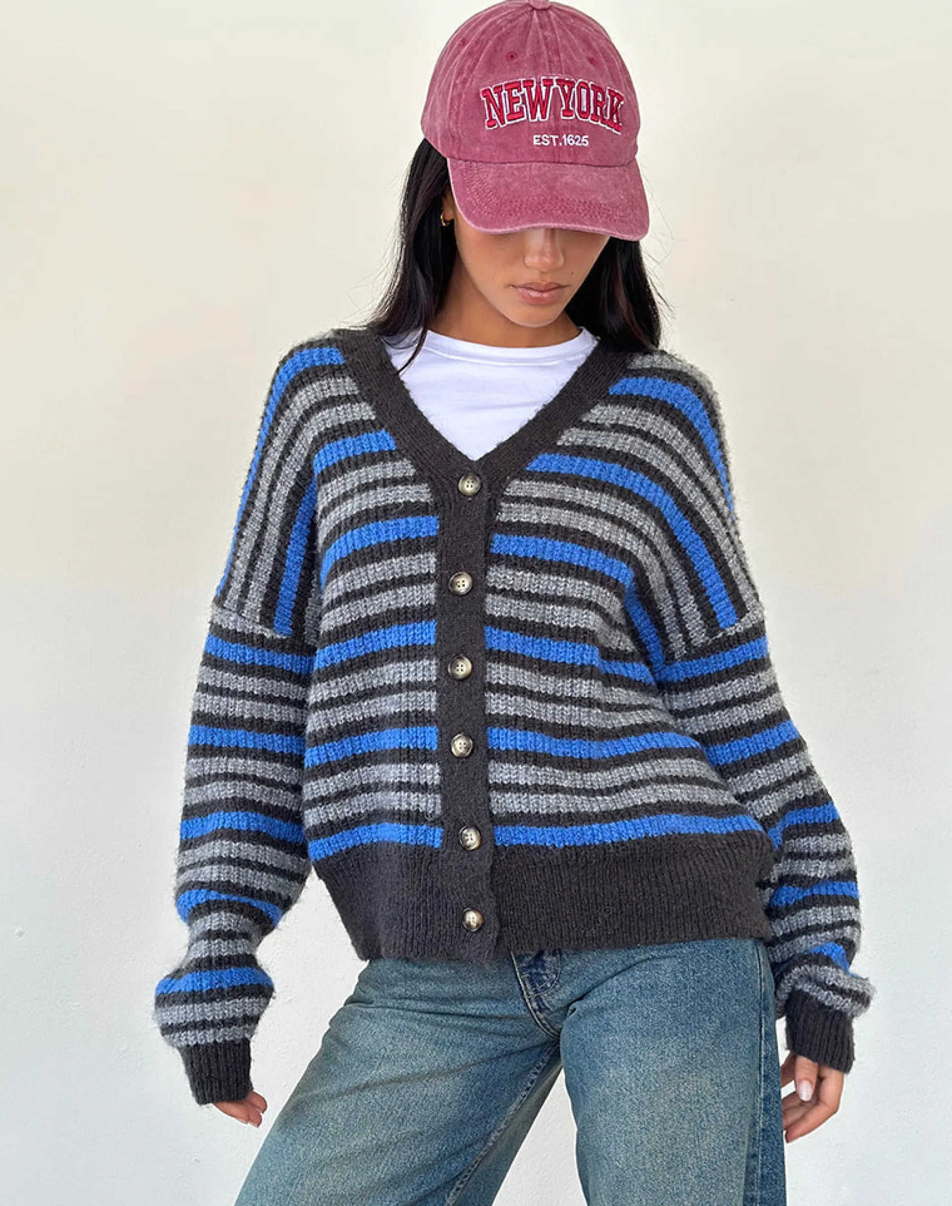 Motel Rocks Cardigans-Uriela Cardigan in Light Grey and Blue Grey Stripe LightGreyandBlueGreyStripe