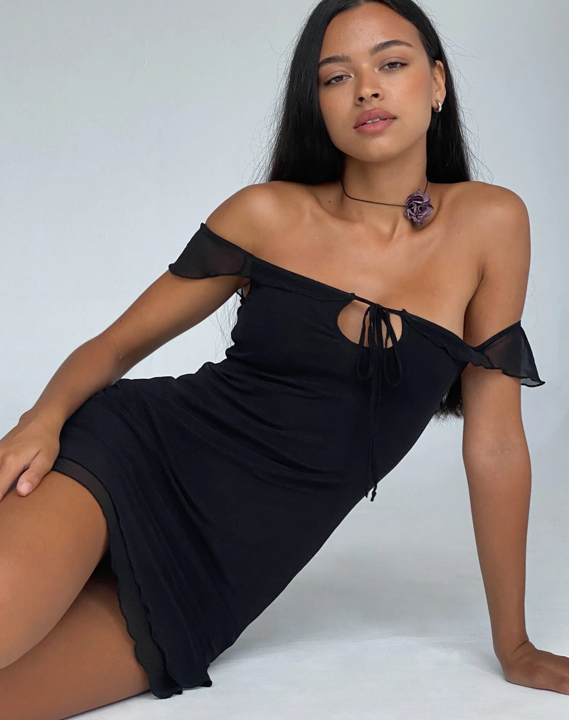 Motel Rocks Little Black Dresses | Party Dresses-Valory Bardot Mini Dress in Mesh black