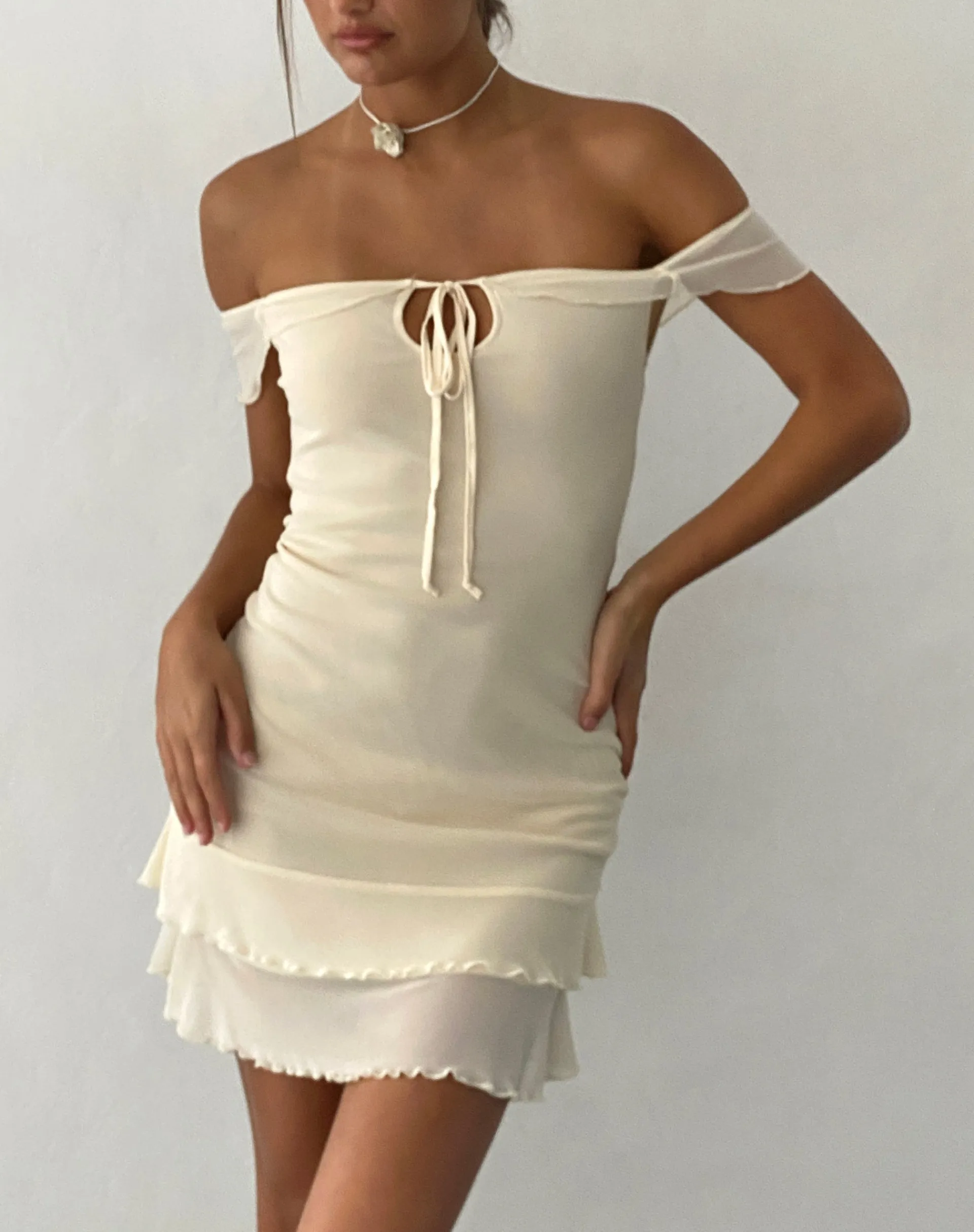 Motel Rocks Party Dresses | Mini Dresses-Valory Bardot Mini Dress in Mesh ivory