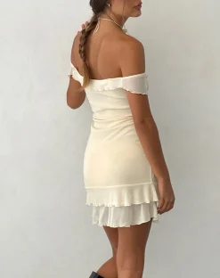 Motel Rocks Party Dresses | Mini Dresses-Valory Bardot Mini Dress in Mesh ivory