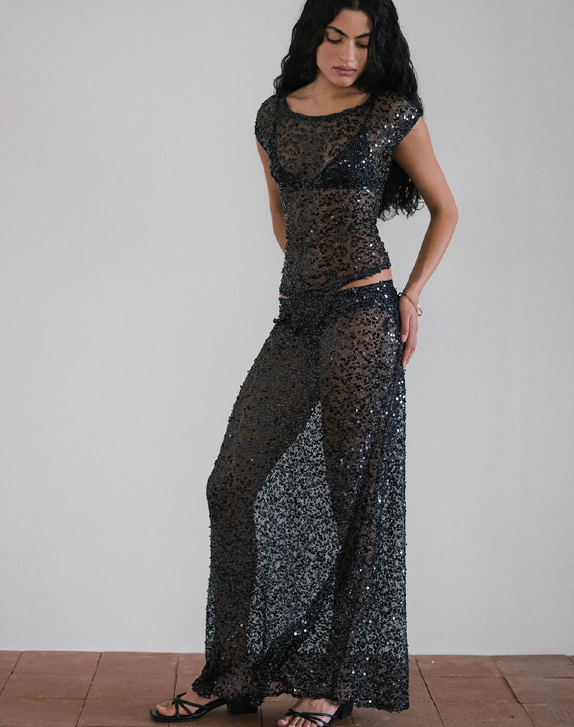 Motel Rocks Co-Ords | Maxi Skirts-Vanessa Maxi Skirt in Sequin Mesh Black
