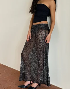 Motel Rocks Co-Ords | Maxi Skirts-Vanessa Maxi Skirt in Sequin Mesh Black