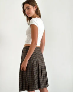Motel Rocks Tailoring | Pleated Skirts-Vanka Midi Skirt in Dark Brown Check