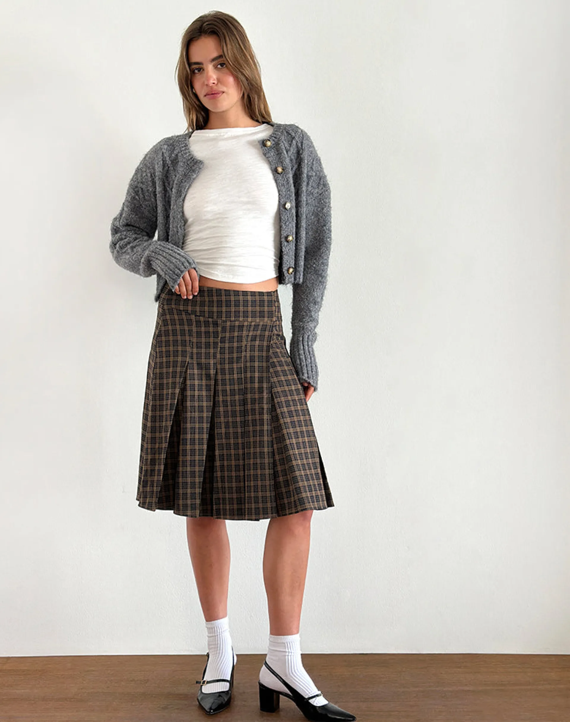 Motel Rocks Tailoring | Pleated Skirts-Vanka Midi Skirt in Dark Brown Check