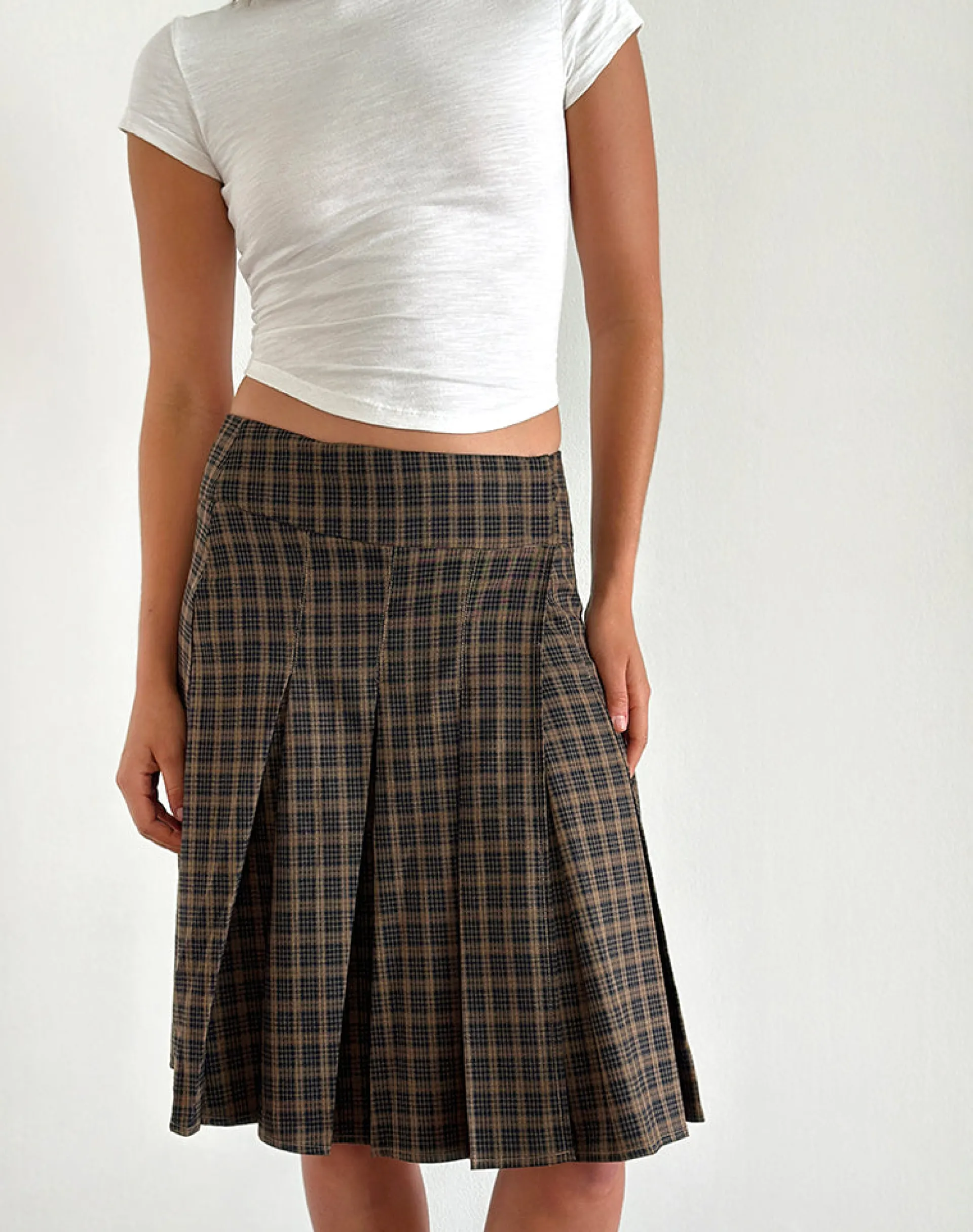Motel Rocks Tailoring | Pleated Skirts-Vanka Midi Skirt in Dark Brown Check