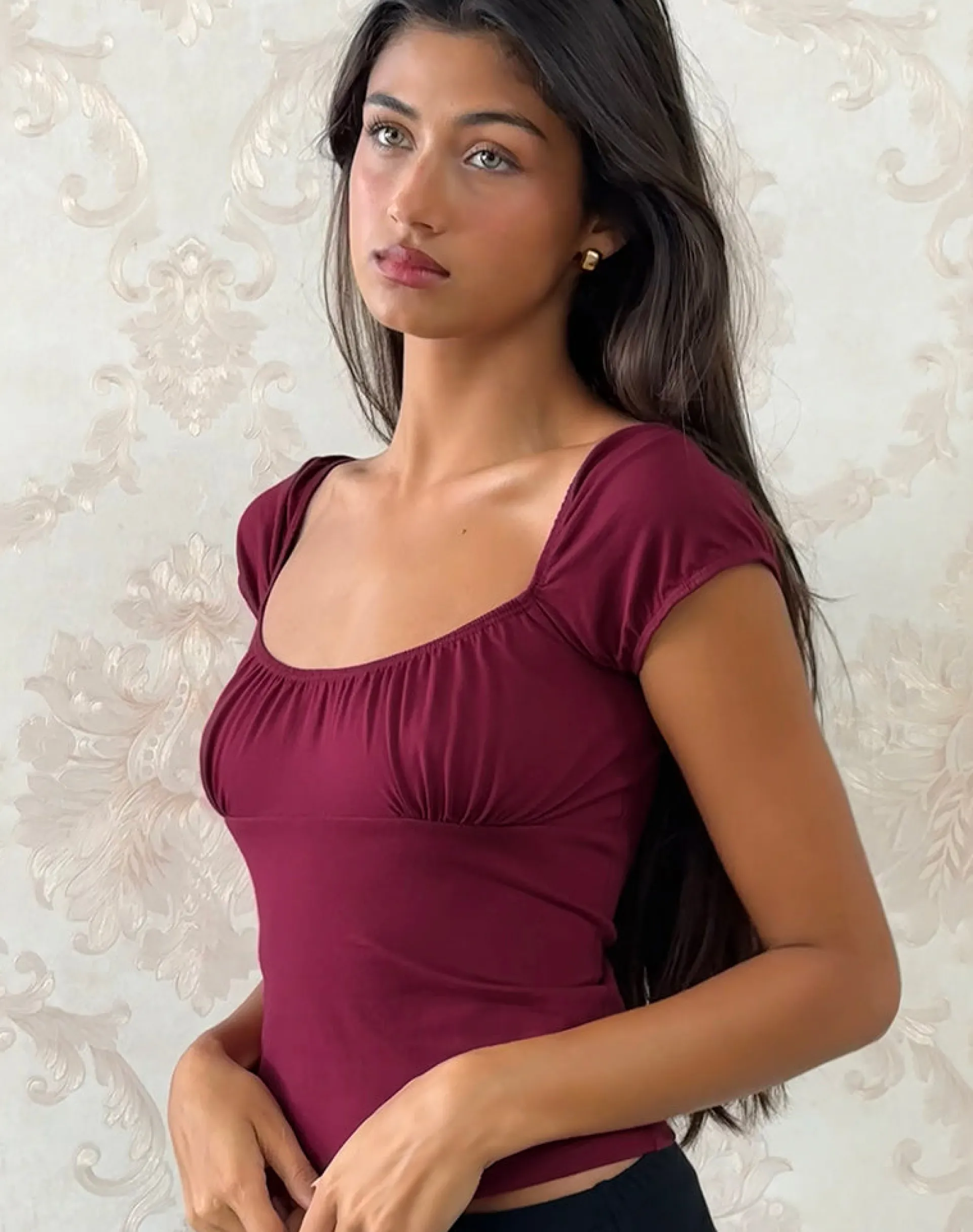 Motel Rocks Basic Tops-Vardah Top in Burgundy Jersey