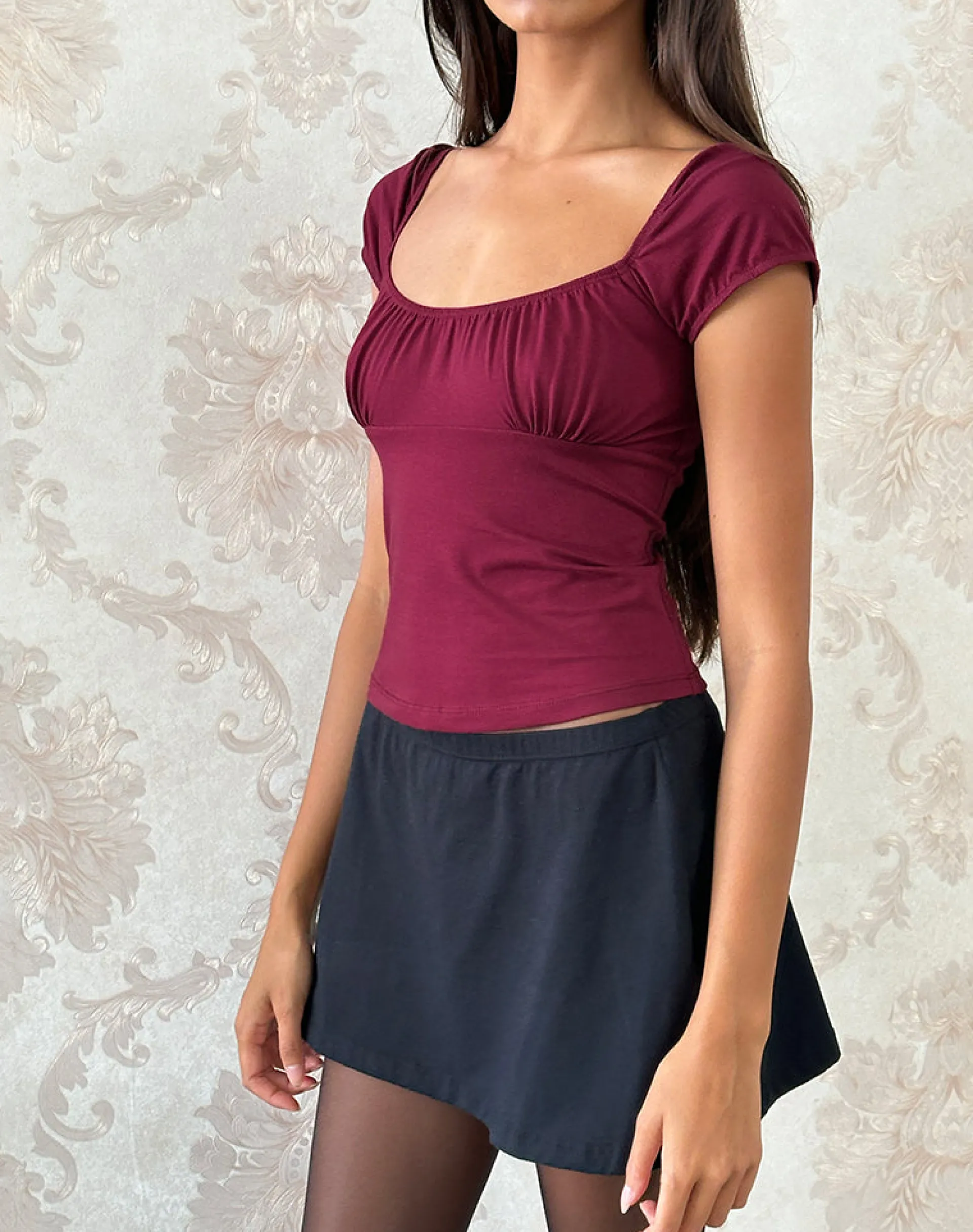 Motel Rocks Basic Tops-Vardah Top in Burgundy Jersey