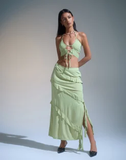 Motel Rocks Maxi Skirts-Varena Low Rise Ruffle Maxi Skirt in Mint Sage