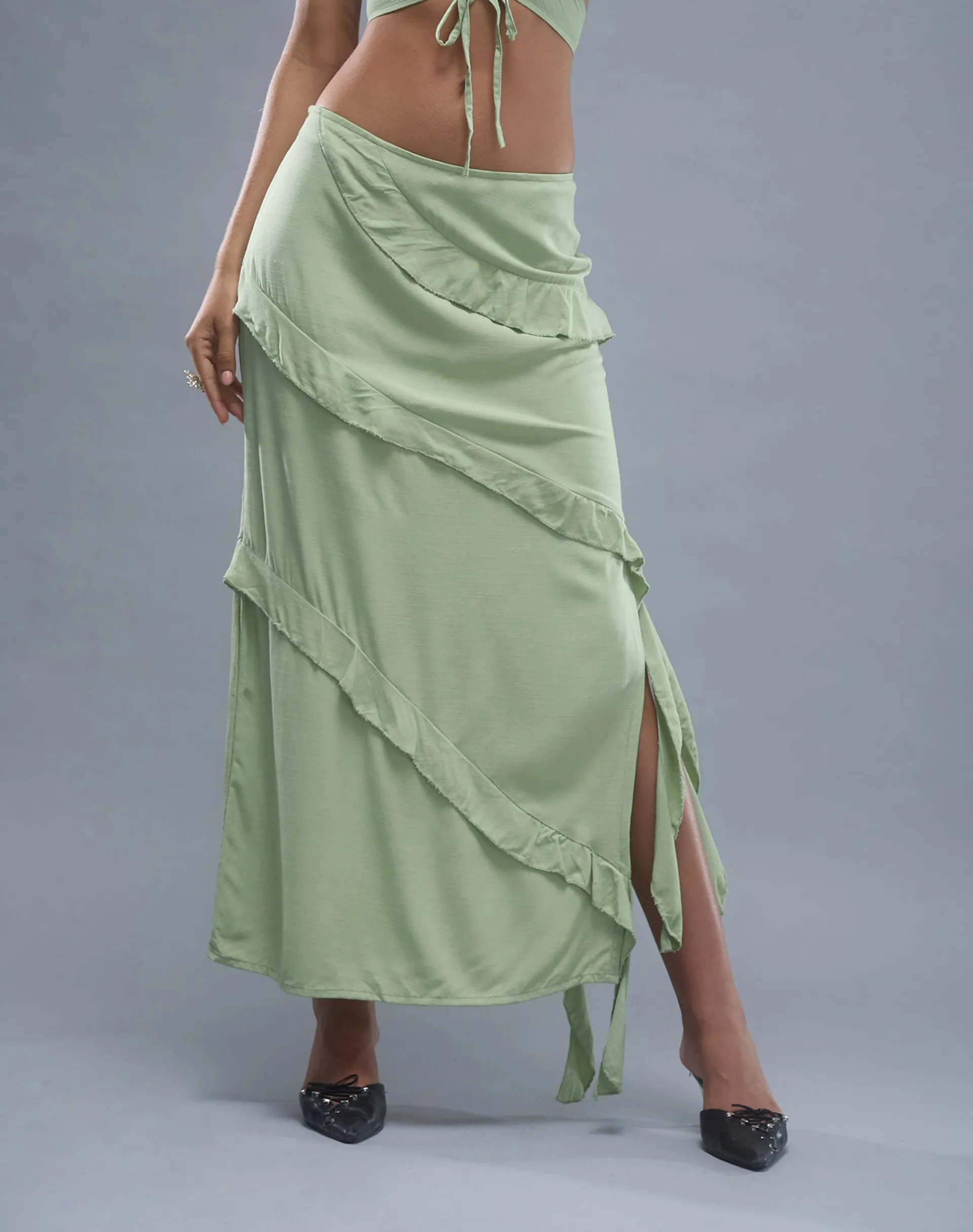 Motel Rocks Maxi Skirts-Varena Low Rise Ruffle Maxi Skirt in Mint Sage