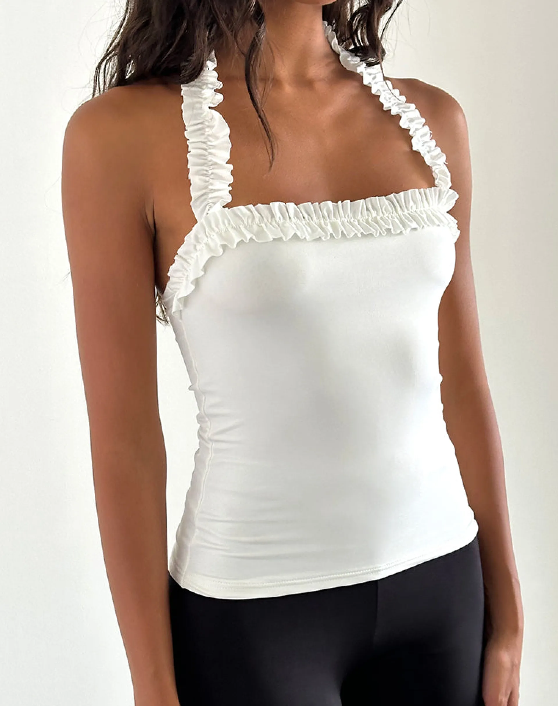 Motel Rocks Basic Tops | Halterneck Tops-Veda Ruched Halterneck Top in Slinky White