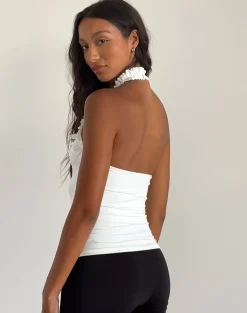 Motel Rocks Basic Tops | Halterneck Tops-Veda Ruched Halterneck Top in Slinky White