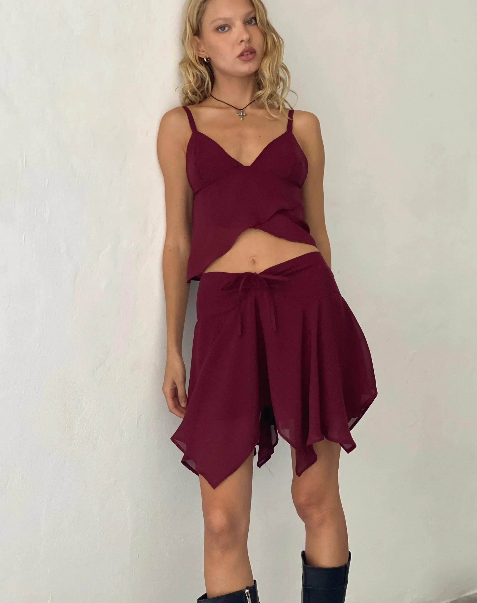 Motel Rocks Mini Skirts-Veny Mini Skirt in Chiffon Oxblood
