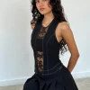 Motel Rocks Vest Tops-Verbena Lace Panel Top in Black Tailoring