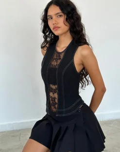 Motel Rocks Vest Tops-Verbena Lace Panel Top in Black Tailoring