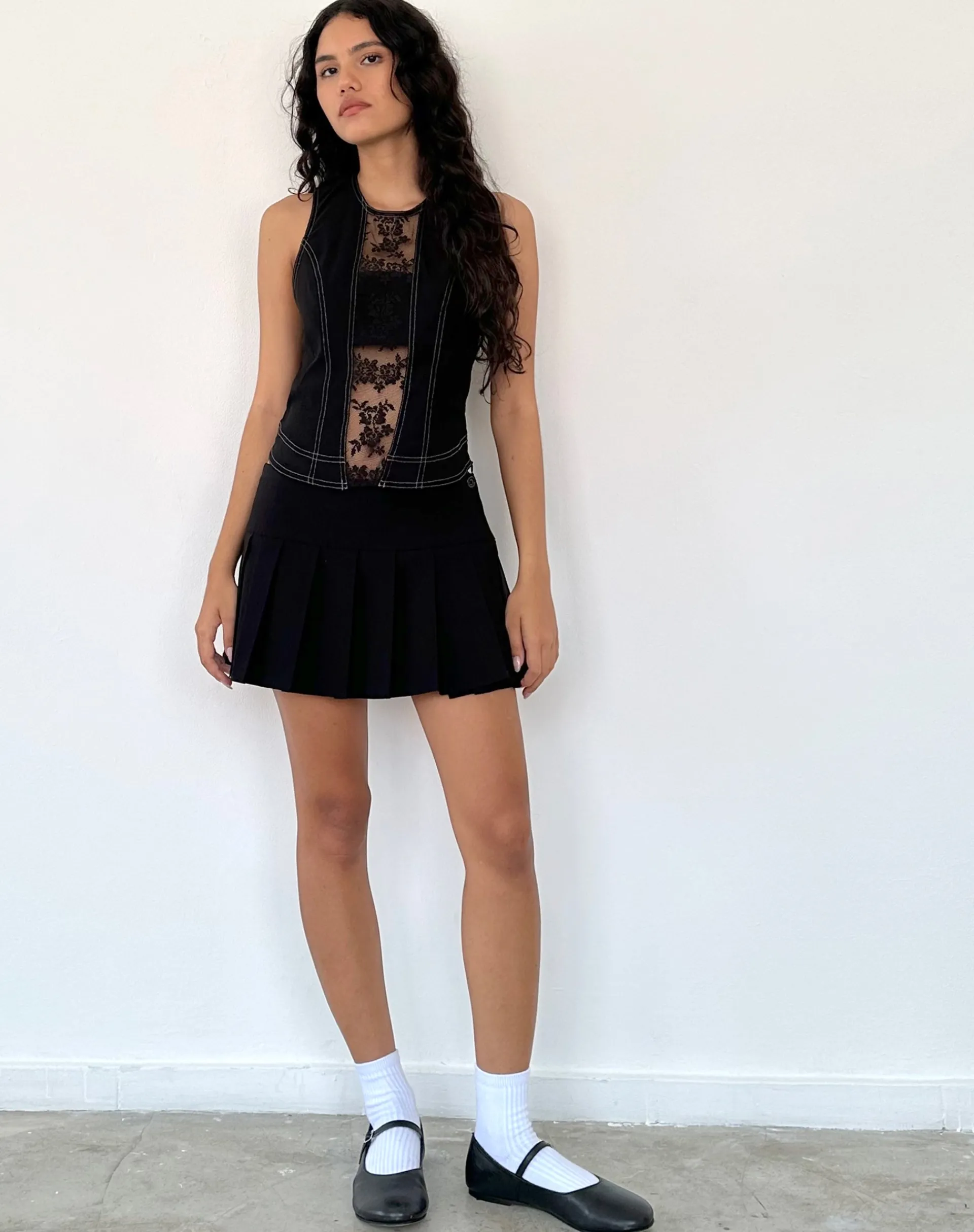 Motel Rocks Vest Tops-Verbena Lace Panel Top in Black Tailoring