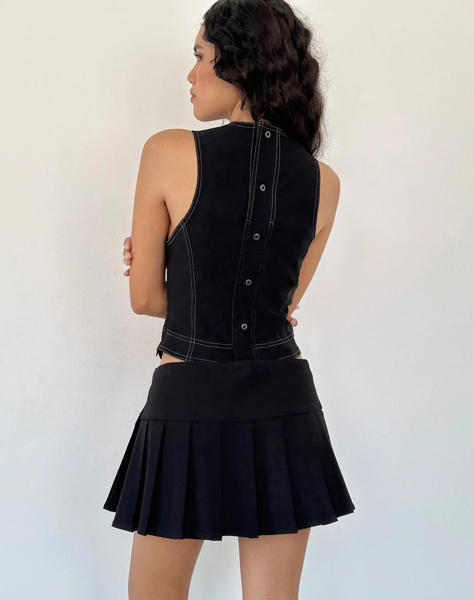 Motel Rocks Vest Tops-Verbena Lace Panel Top in Black Tailoring