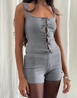 Motel Rocks Loungewear | Micro Shorts-Verna Bow Micro Short in Light Grey Knit LightGreyKnit