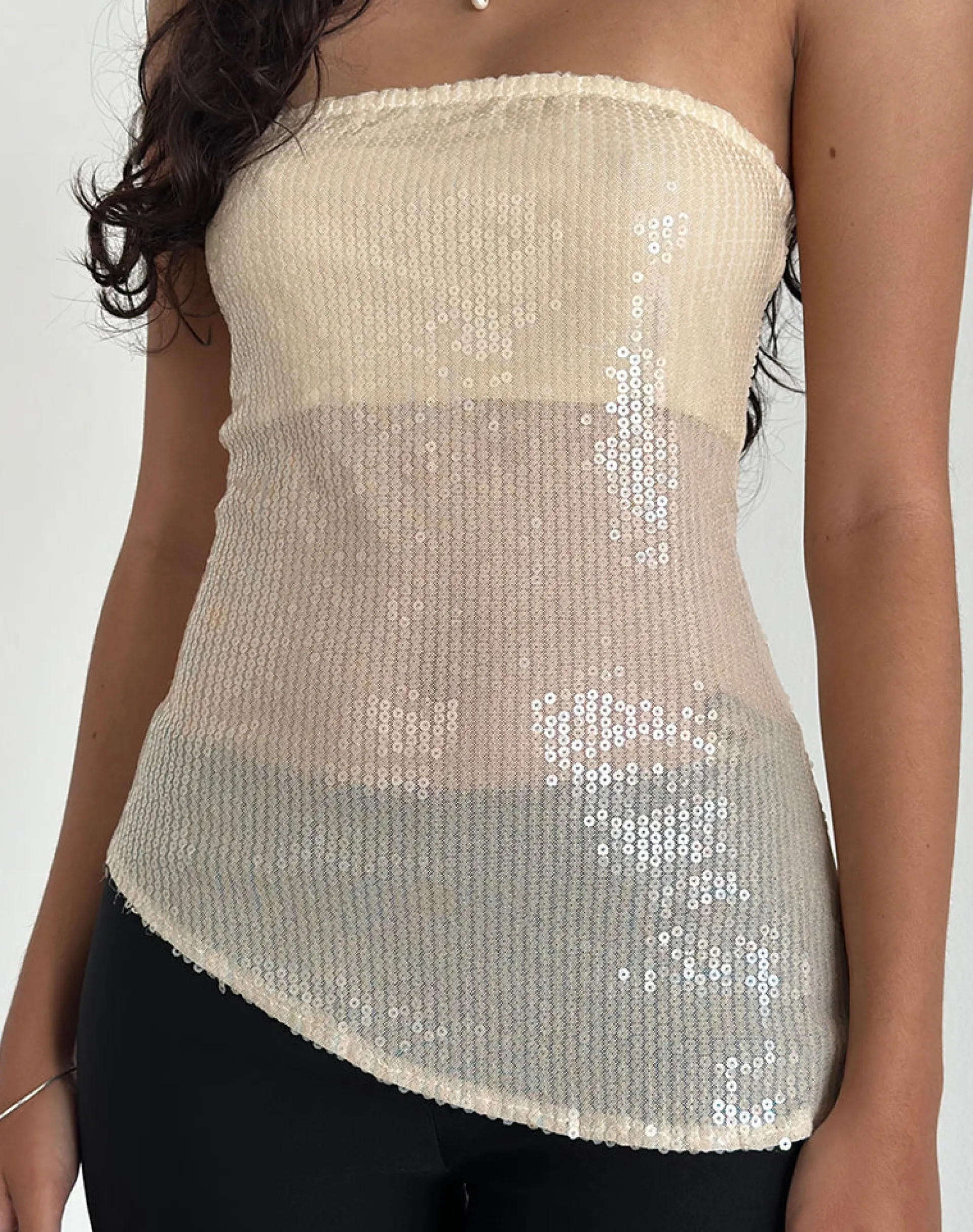 Motel Rocks Bandeau Tops | Sequin Tops-Viksuni Bandeau Top in Nude Clear Tinted Disc