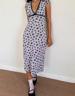 Motel Rocks Printed Dresses | Day Dresses-Vilinia Dress in Pale Grey Flower Cluster Flock PaleGreyFlowerClusterFlock