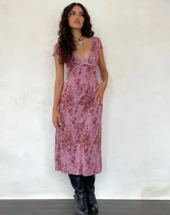 Motel Rocks Day Dresses-Vilinia Midi Dress in Abstract Botanic Mauve AbstractBotanicMauve