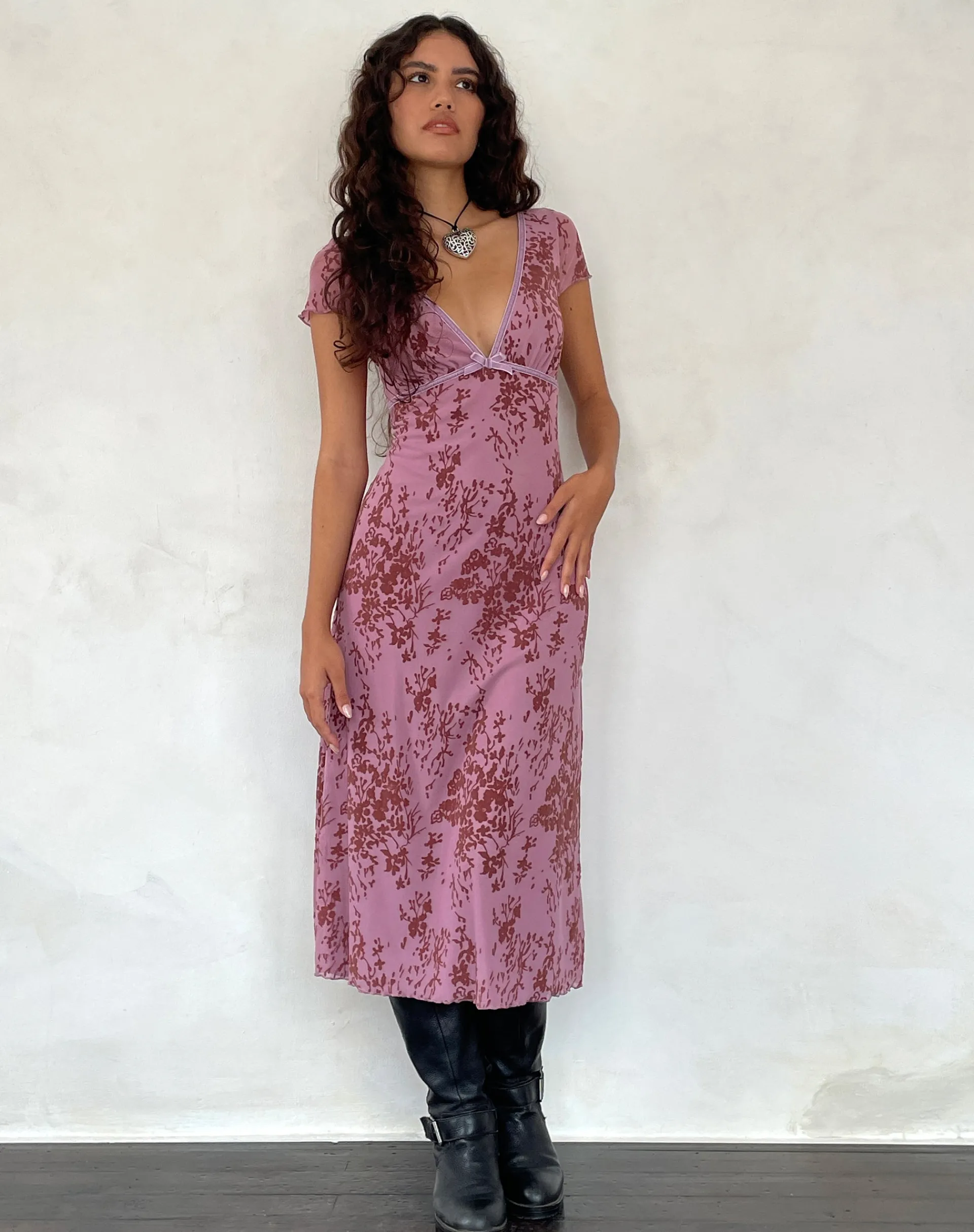 Motel Rocks Day Dresses-Vilinia Midi Dress in Abstract Botanic Mauve AbstractBotanicMauve