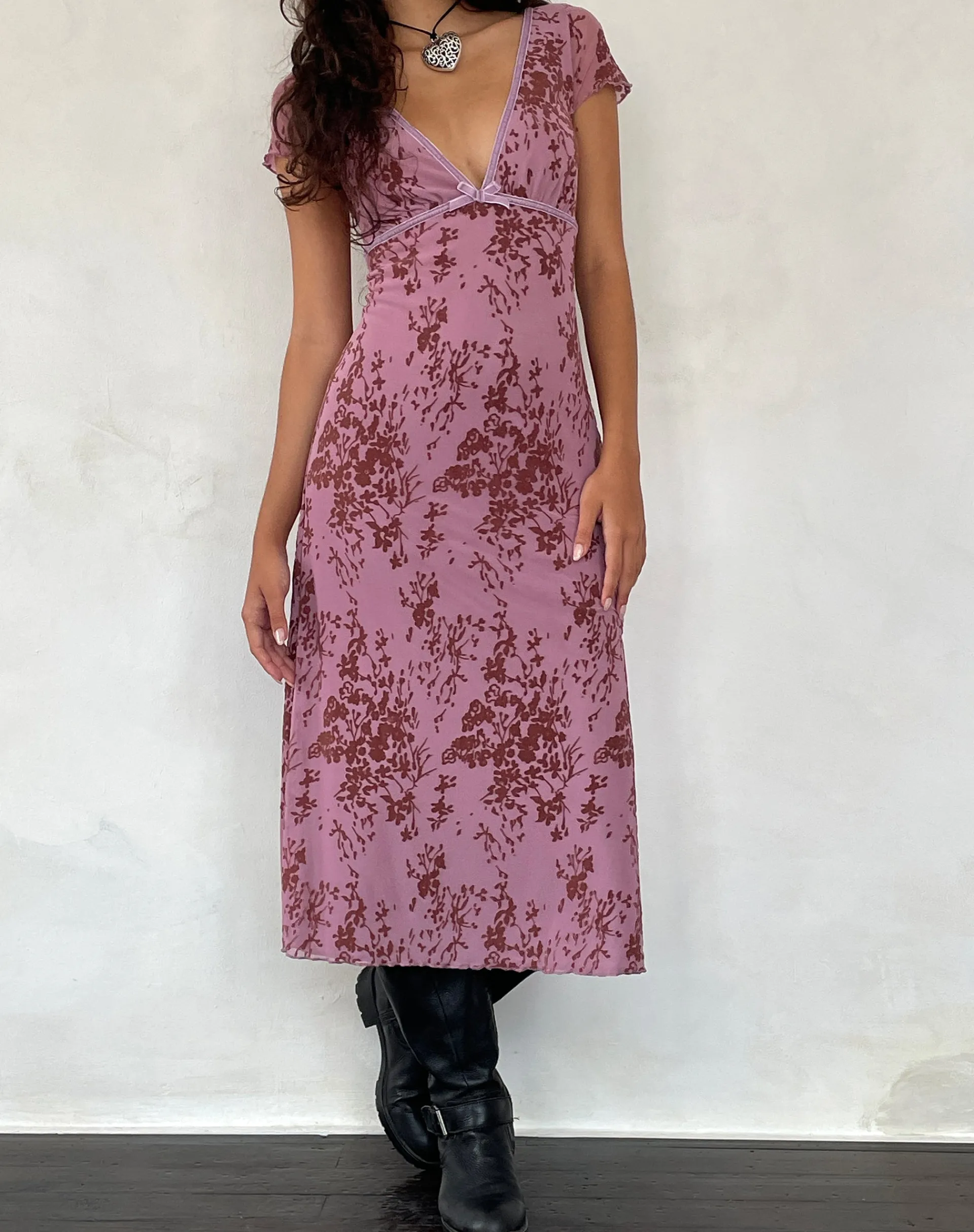 Motel Rocks Day Dresses-Vilinia Midi Dress in Abstract Botanic Mauve AbstractBotanicMauve