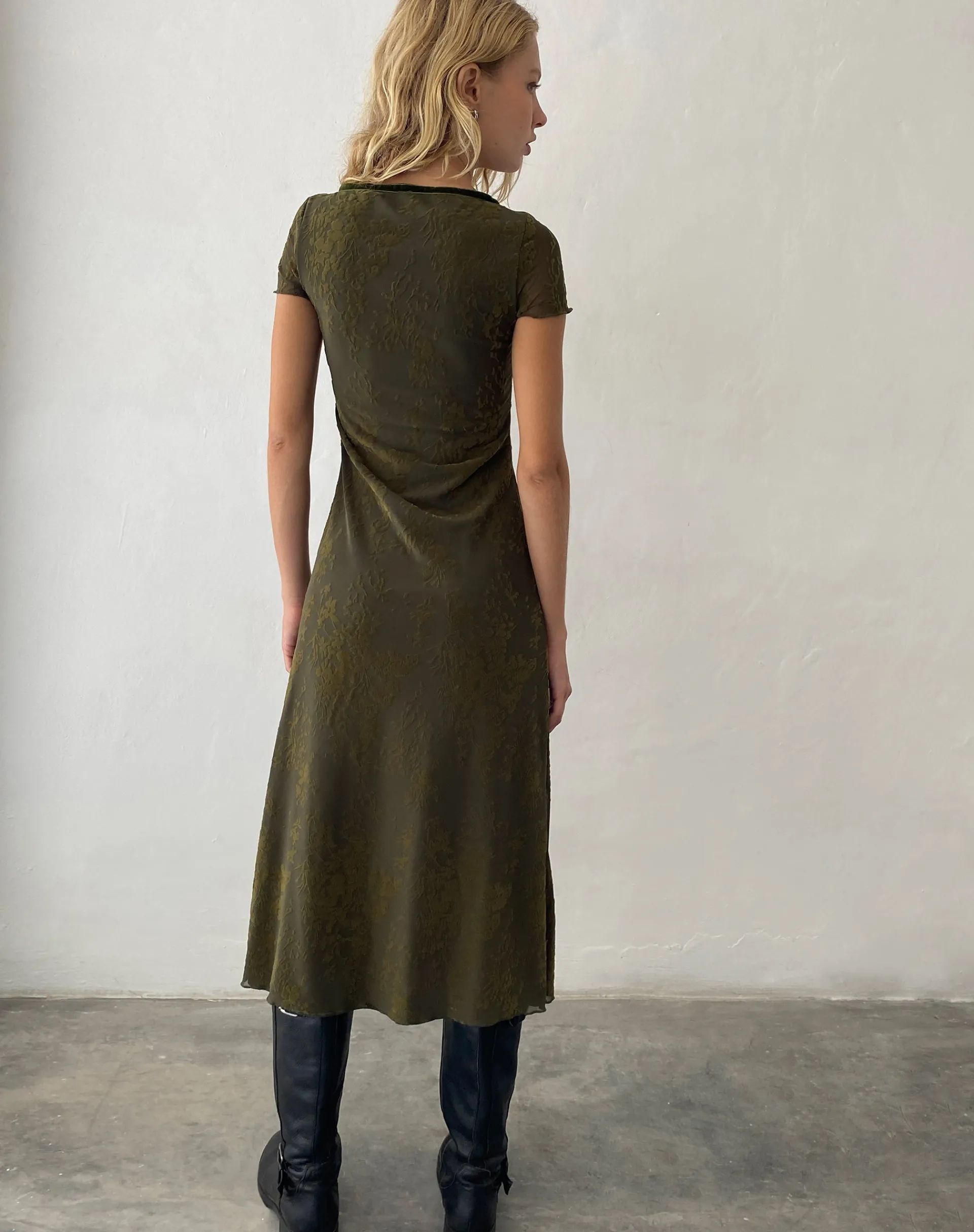 Motel Rocks Printed Dresses-Vilinia Midi Dress in Abstract Botanic Dark Olive darkoliveabstrbotanic
