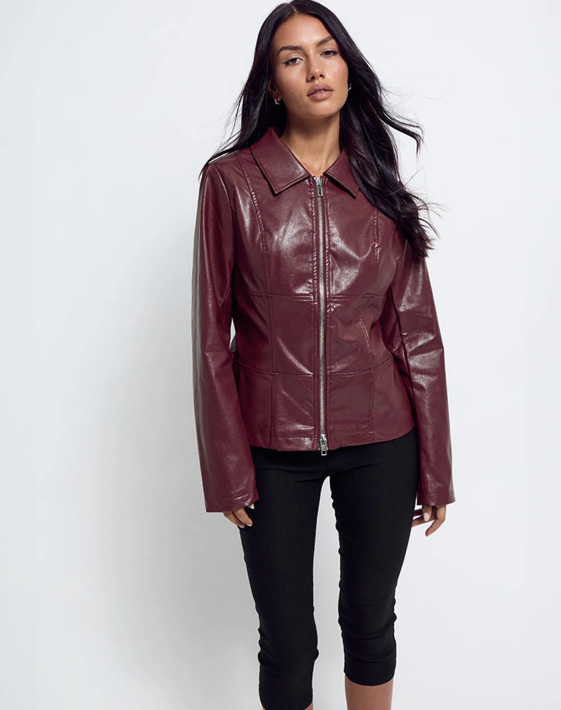 Motel Rocks Co-Ords | Pu Jackets-Vincent Fitted Jacket in PU Burgundy