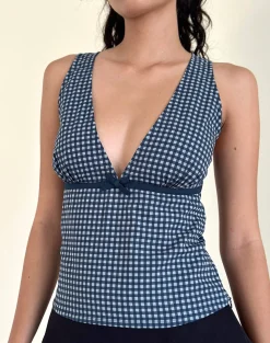 Motel Rocks Printed Tops-Vishata Top in Mini Gingham Dark Blue