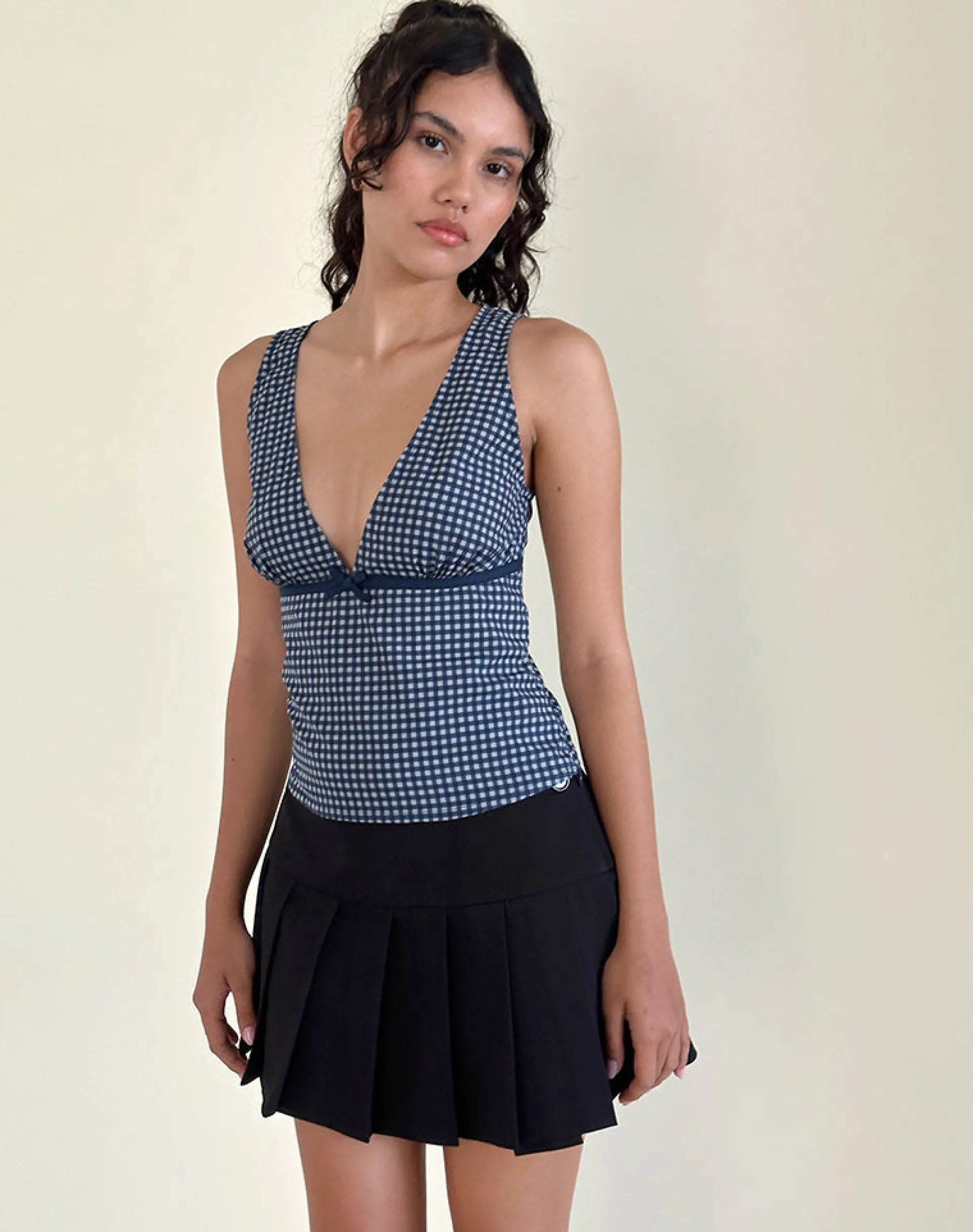 Motel Rocks Printed Tops-Vishata Top in Mini Gingham Dark Blue