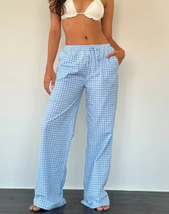 Motel Rocks Low Rise Pants-Wasic Wide Leg Linen Trouser in Blue Gingham bluegingham