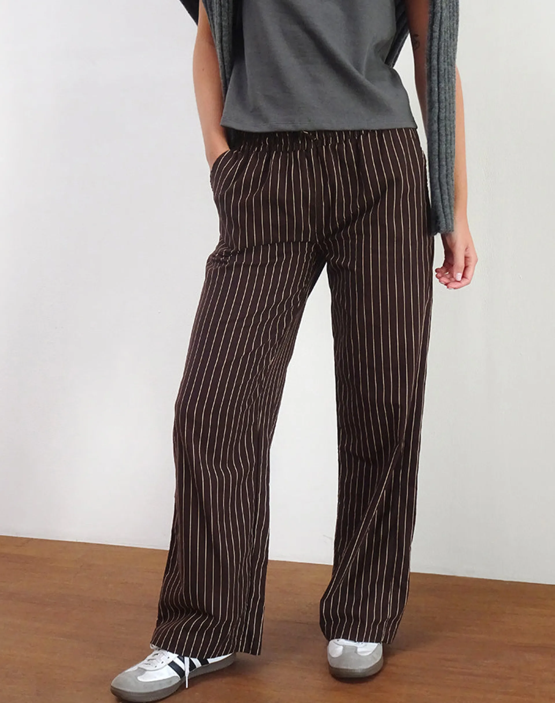 Motel Rocks Wide Leg Pants | Low Rise Pants-Wasic Wide Leg Linen Trousers in Deep Mahogany Pencil Stripe DeepMahoganyPencilStripe