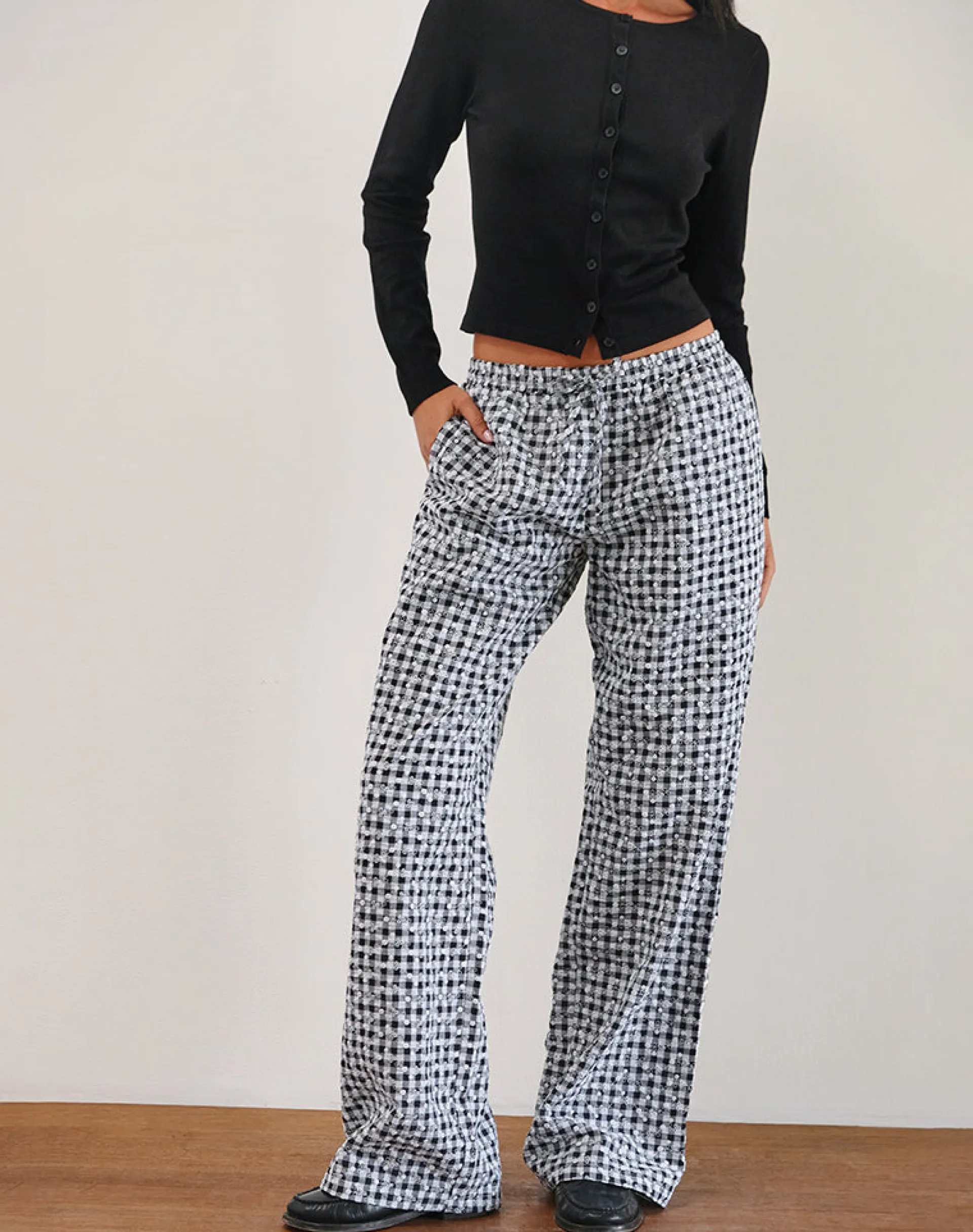 Motel Rocks Wide Leg Pants | Low Rise Pants-Wasic Wide Leg Linen Trouser in Floral Gingham Black FloralGinghamBlack