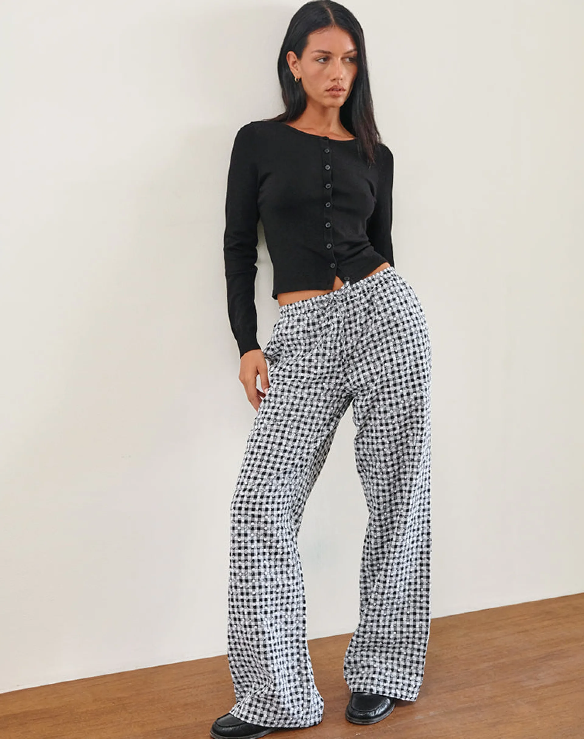 Motel Rocks Wide Leg Pants | Low Rise Pants-Wasic Wide Leg Linen Trouser in Floral Gingham Black FloralGinghamBlack